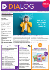 Eine Frau sitzt an einem Tisch und bedient ein Smartphone. Die Überschrift lautet „Messen mit dem Sensor“. Der Zeitschriftentitel lautet „DIALOG“.