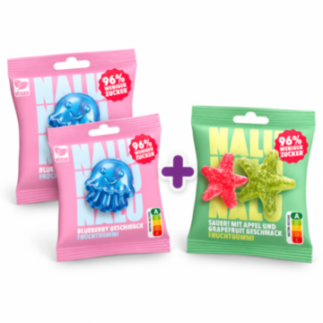 NALU Fruchtgummi AKTION 2x Quallen Heidelbeere + 1x Saure Seesterne GRATIS